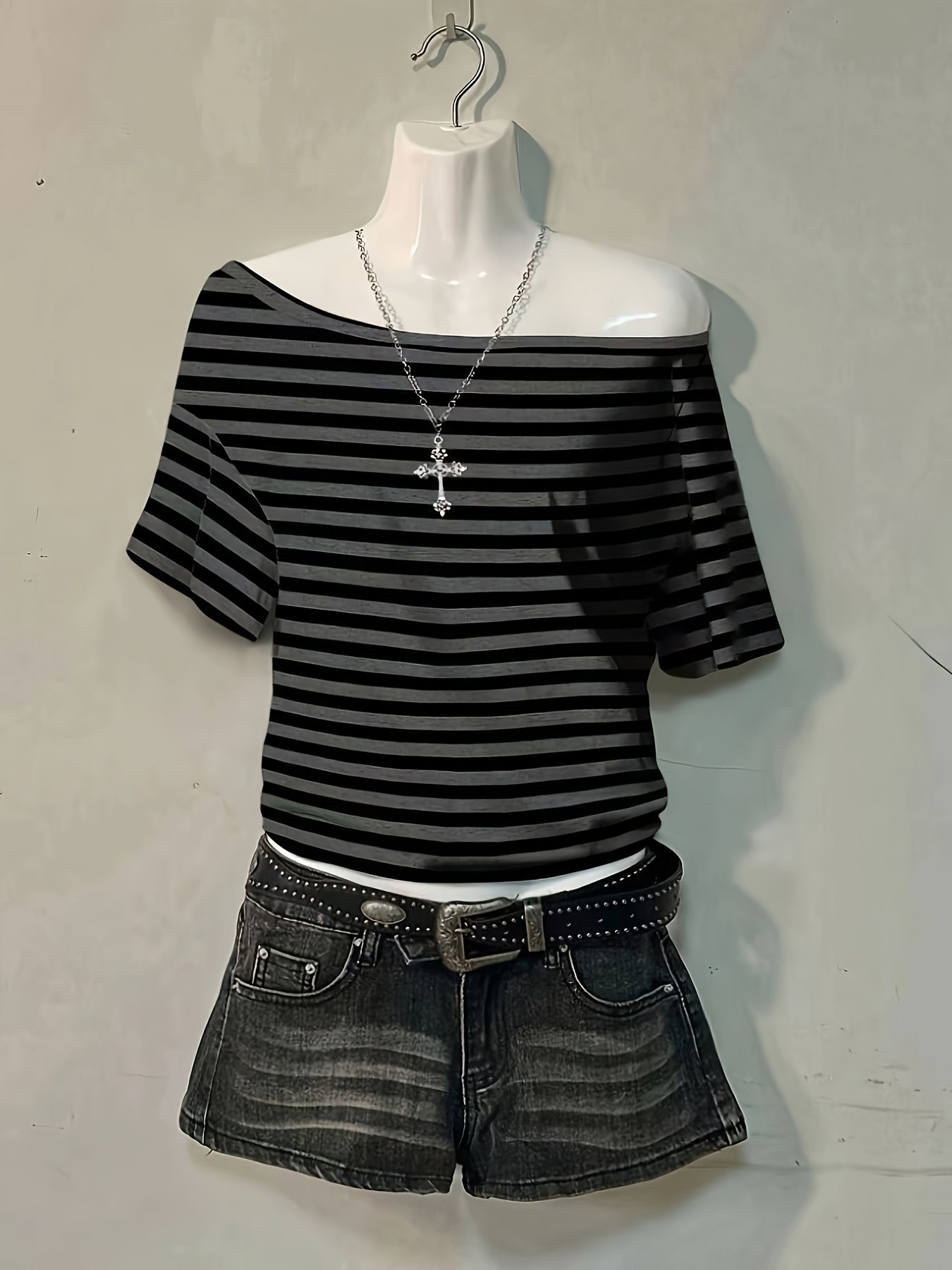 Striped Gothic Off-Shoulder T-Shirt - Image 2