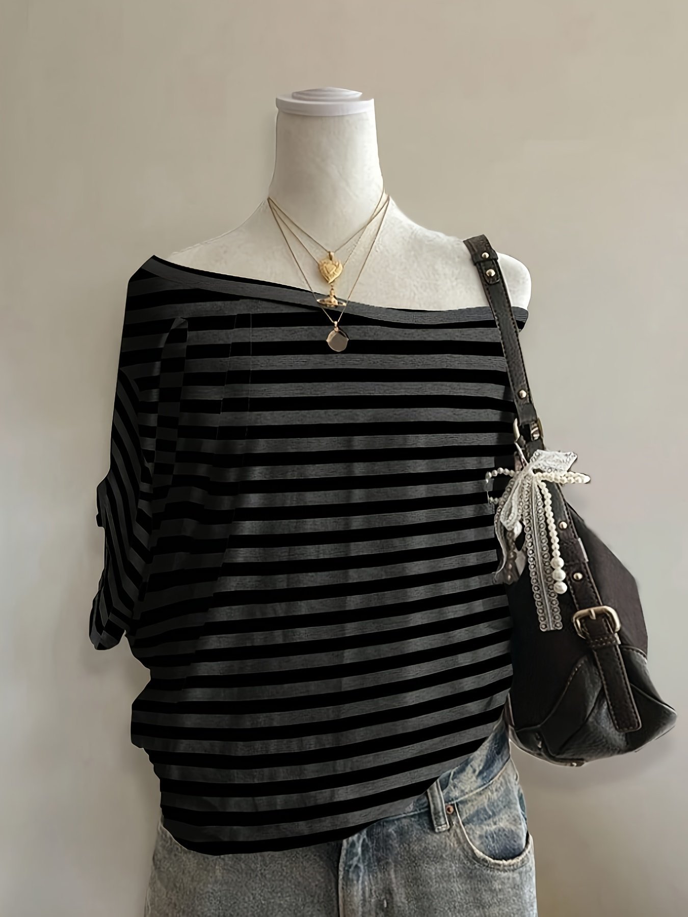 Striped Gothic Off-Shoulder T-Shirt - Image 3