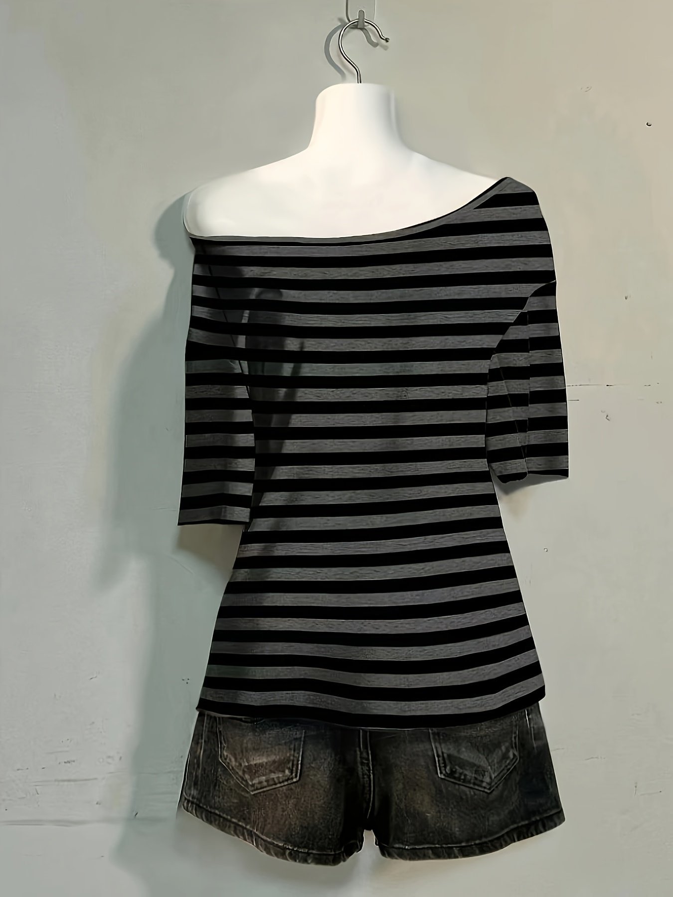 Striped Gothic Off-Shoulder T-Shirt - Image 5