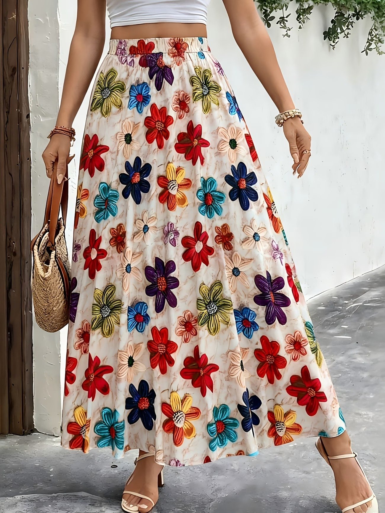 Women's Elegant Floral Print Midi Skirt